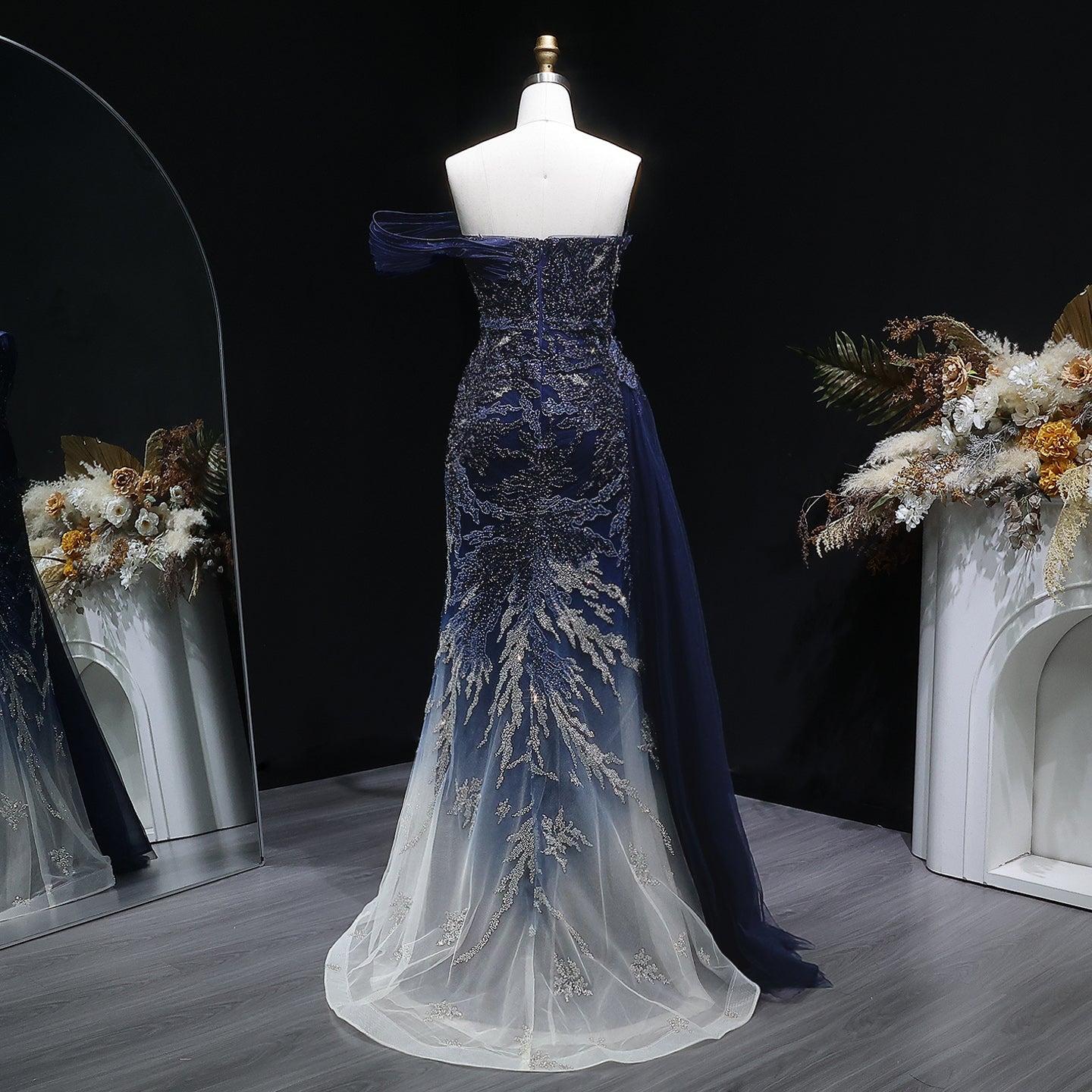 Elegant Gradient Blue Draped Beaded Evening Dress with Overskirt SS293