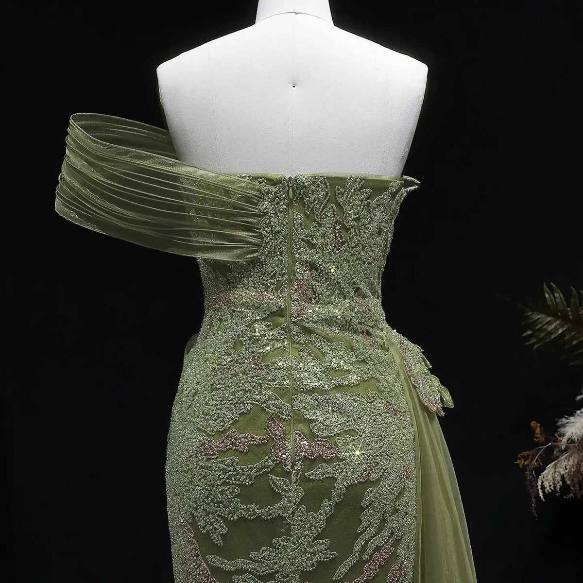 Romantic Gradient Green Draped Beaded Mermaid Evening Dress with Overskirt SS293