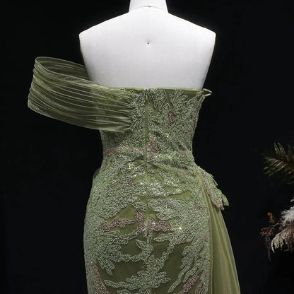Romantic Gradient Green Draped Beaded Mermaid Evening Dress with Overskirt SS293