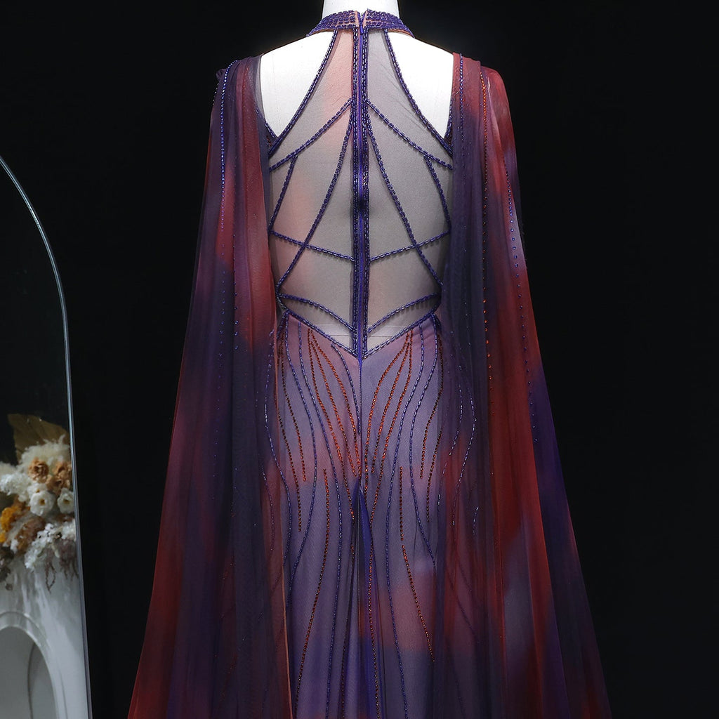 Luxury Gradient Beaded Evening Dress with Cape SS297