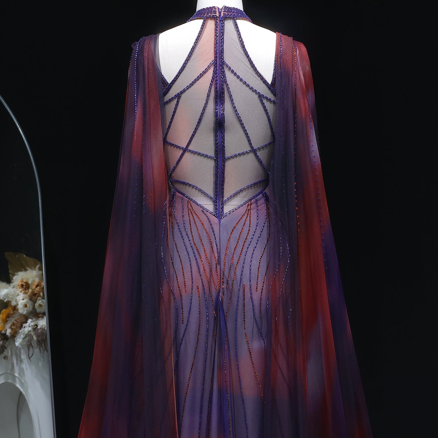 Luxury Gradient Beaded Evening Dress with Cape SS297