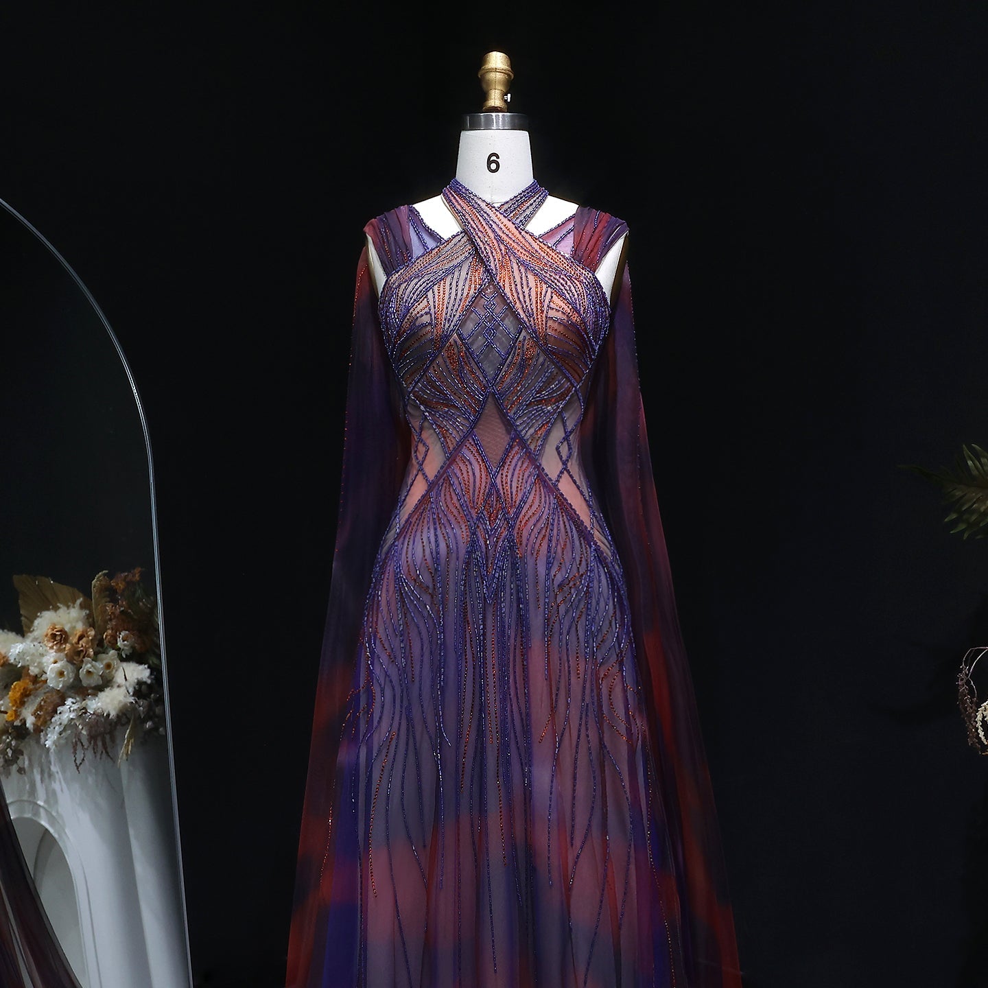 Luxury Gradient Beaded Evening Dress with Cape SS297