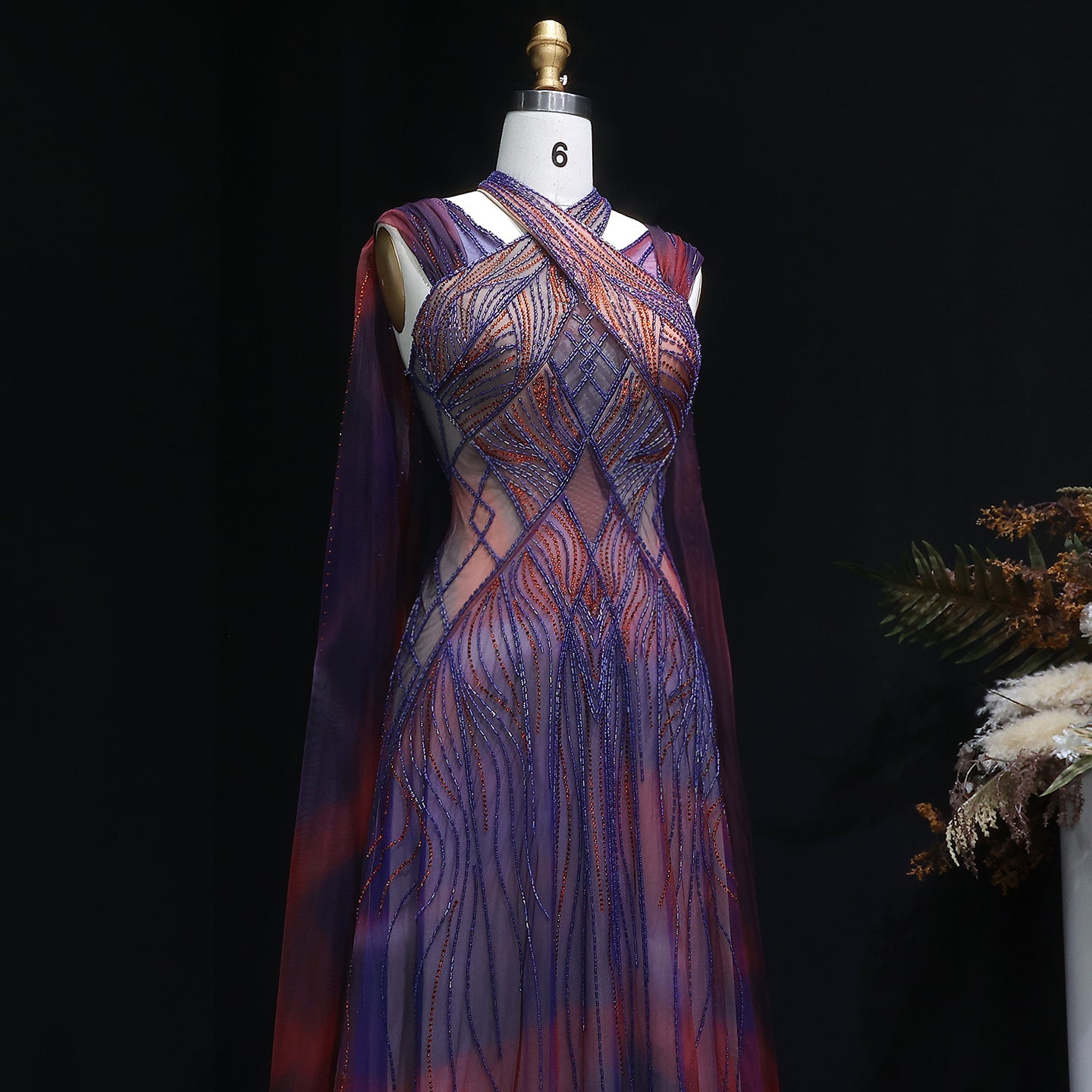 Luxury Gradient Beaded Evening Dress with Cape SS297
