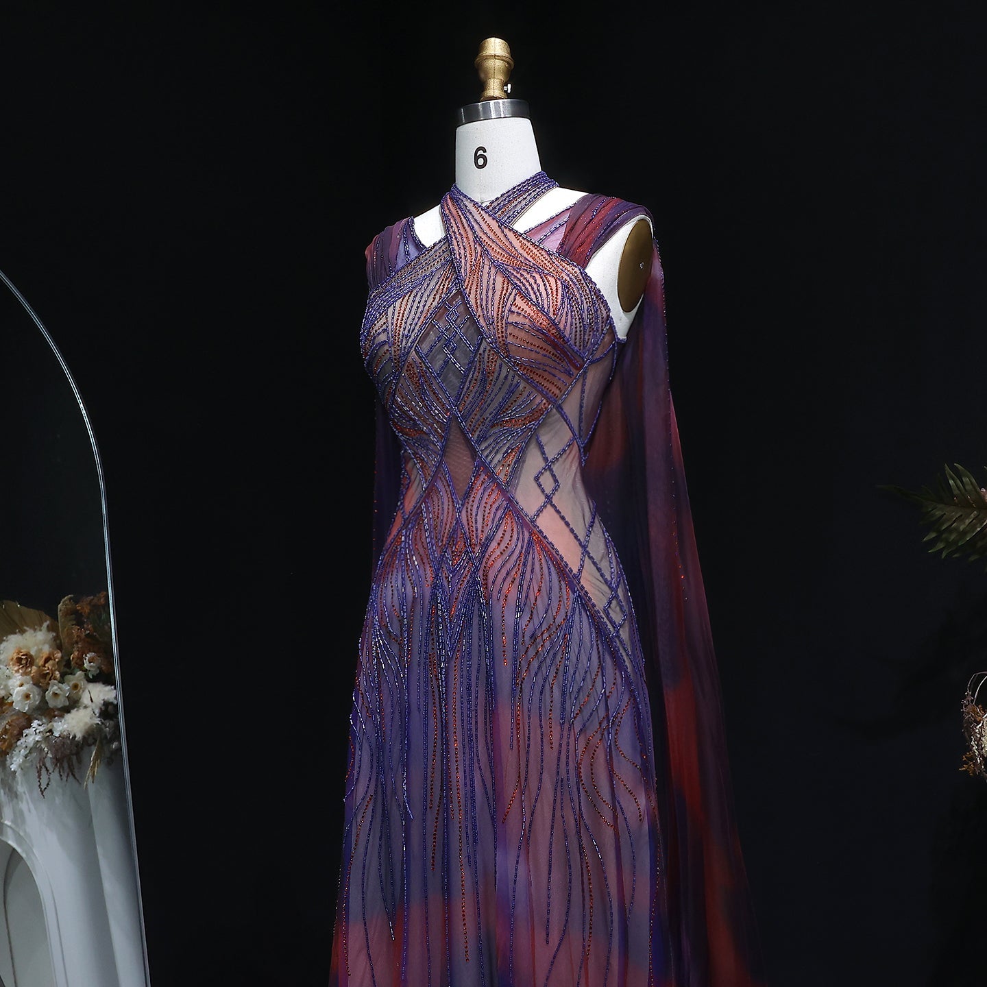Luxury Gradient Beaded Evening Dress with Cape SS297