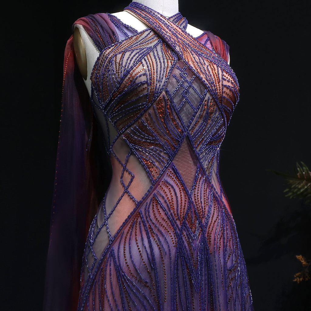 Luxury Gradient Beaded Evening Dress with Cape SS297