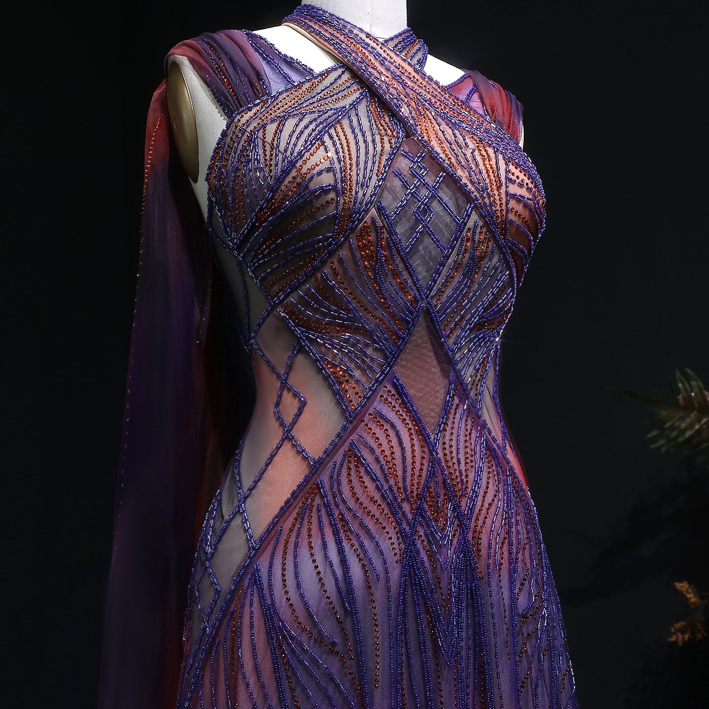 Luxury Gradient Beaded Evening Dress with Cape SS297