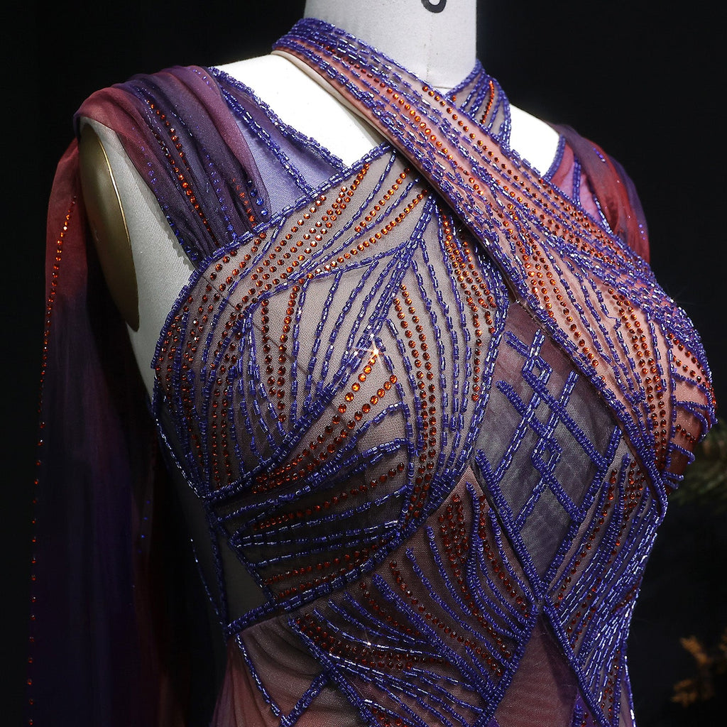 Luxury Gradient Beaded Evening Dress with Cape SS297