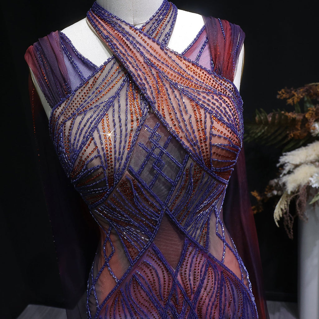 Luxury Gradient Beaded Evening Dress with Cape SS297