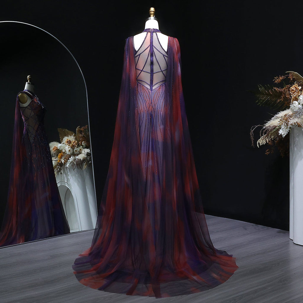 Luxury Gradient Beaded Evening Dress with Cape SS297