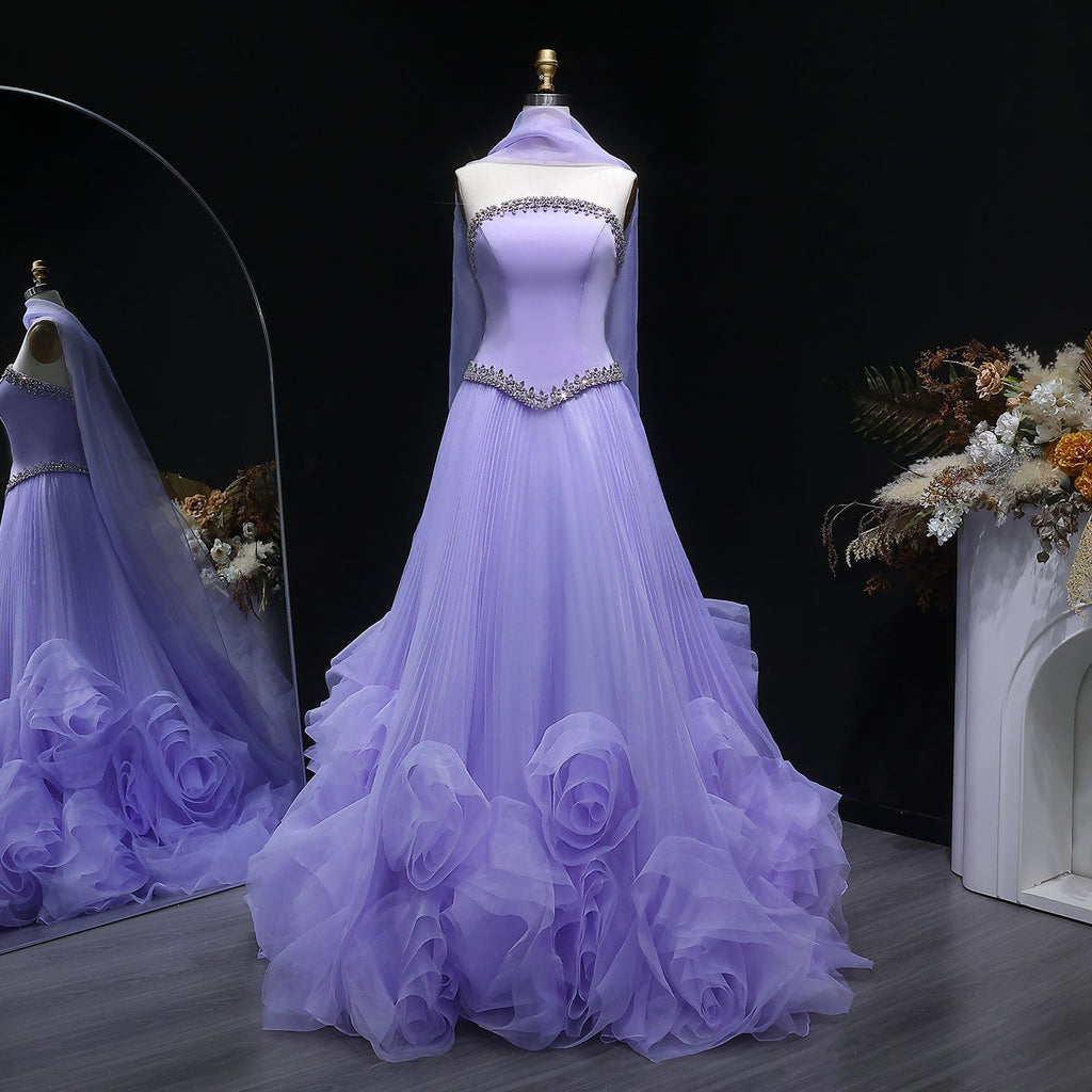 Elegant Lilac 3D Floral Strapless Tulle Evening Dress with Scarf SS310