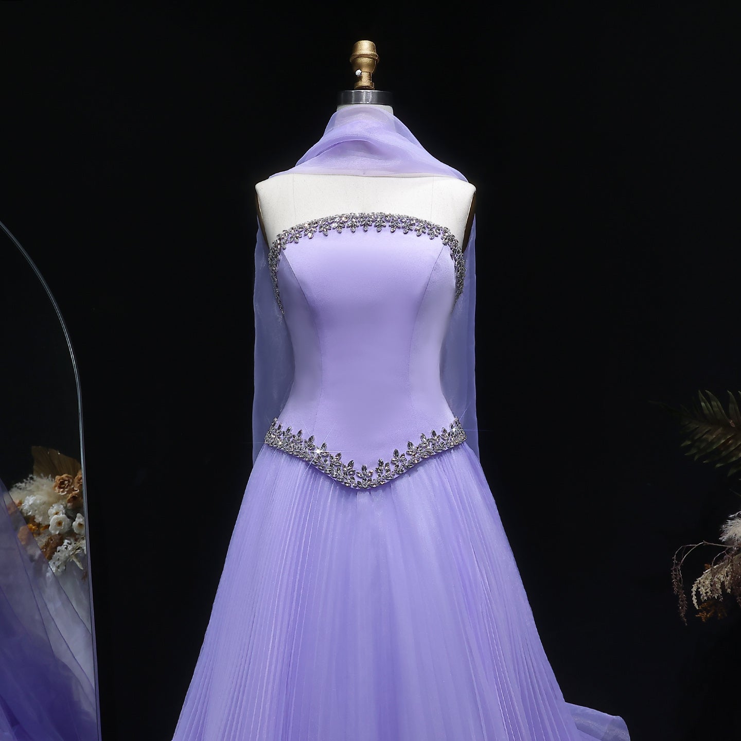 Elegant Lilac 3D Floral Strapless Tulle Evening Dress with Scarf SS310