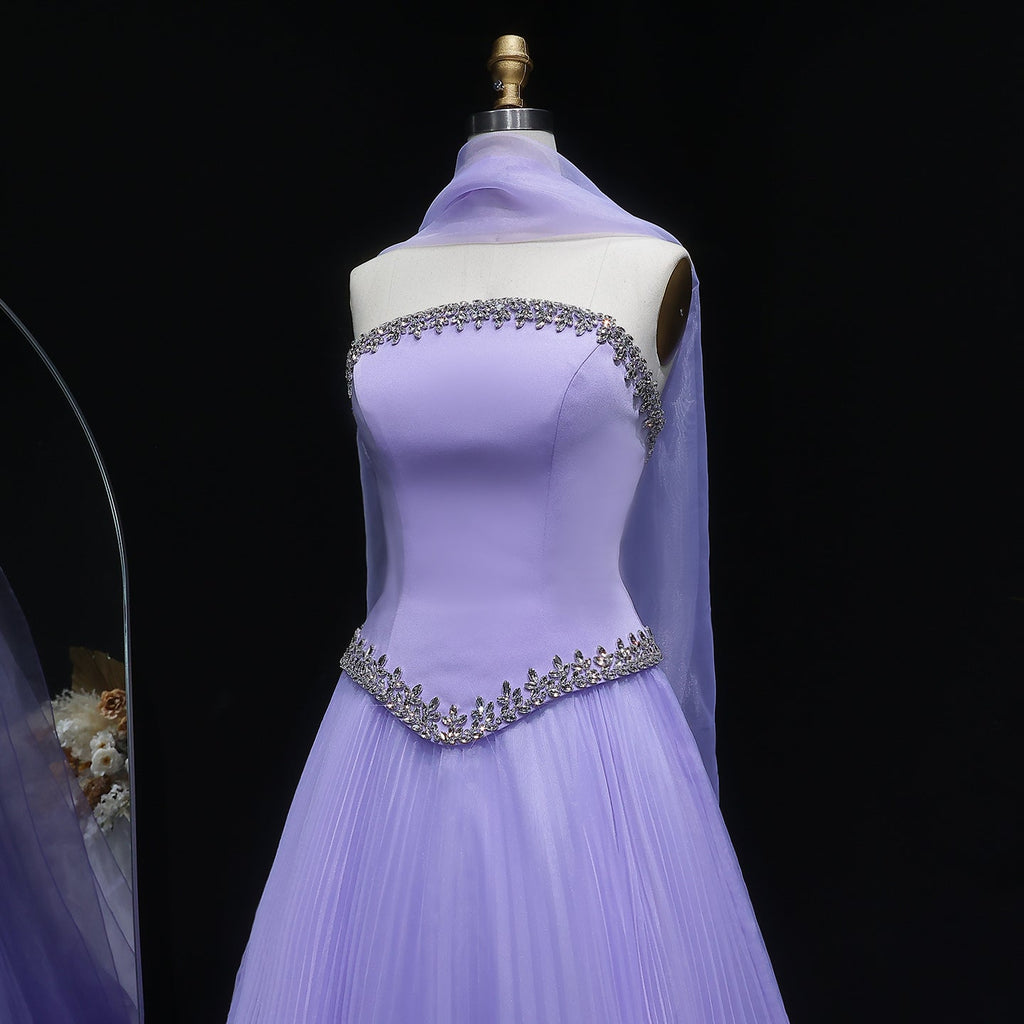 Elegant Lilac 3D Floral Strapless Tulle Evening Dress with Scarf SS310