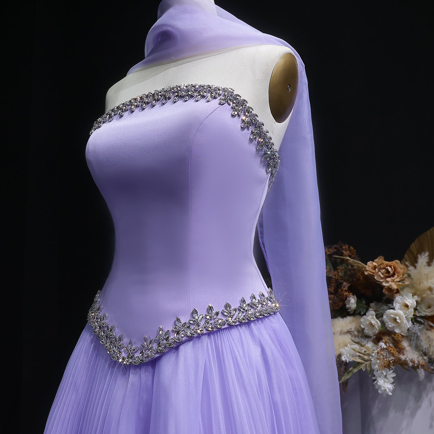 Elegant Lilac 3D Floral Strapless Tulle Evening Dress with Scarf SS310