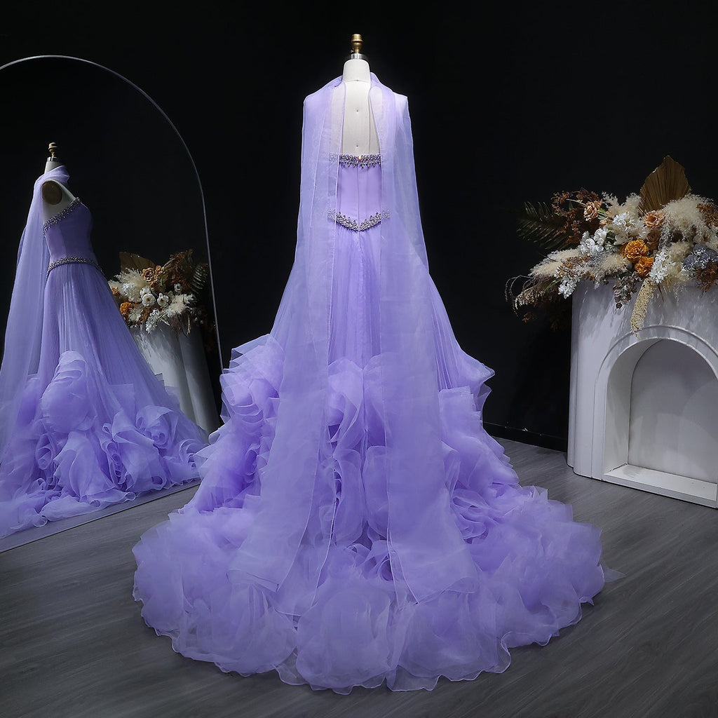 Elegant Lilac 3D Floral Strapless Tulle Evening Dress with Scarf SS310