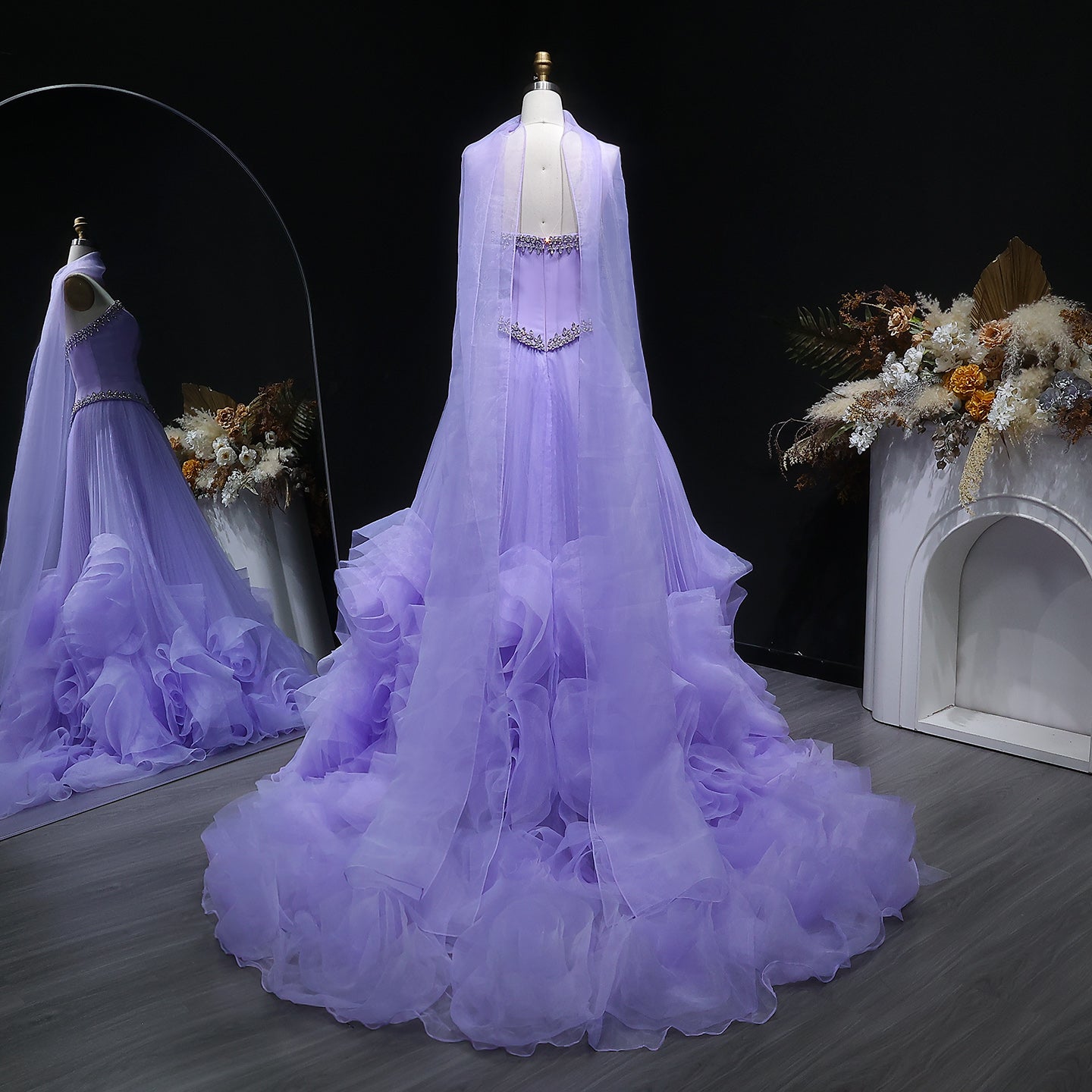 Elegant Lilac 3D Floral Strapless Tulle Evening Dress with Scarf SS310