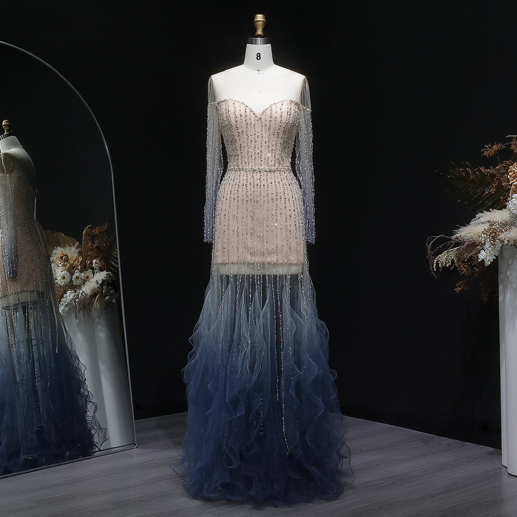 Luxury Beaded Gradient Long Sleeve A-Line Evening Dress SS328