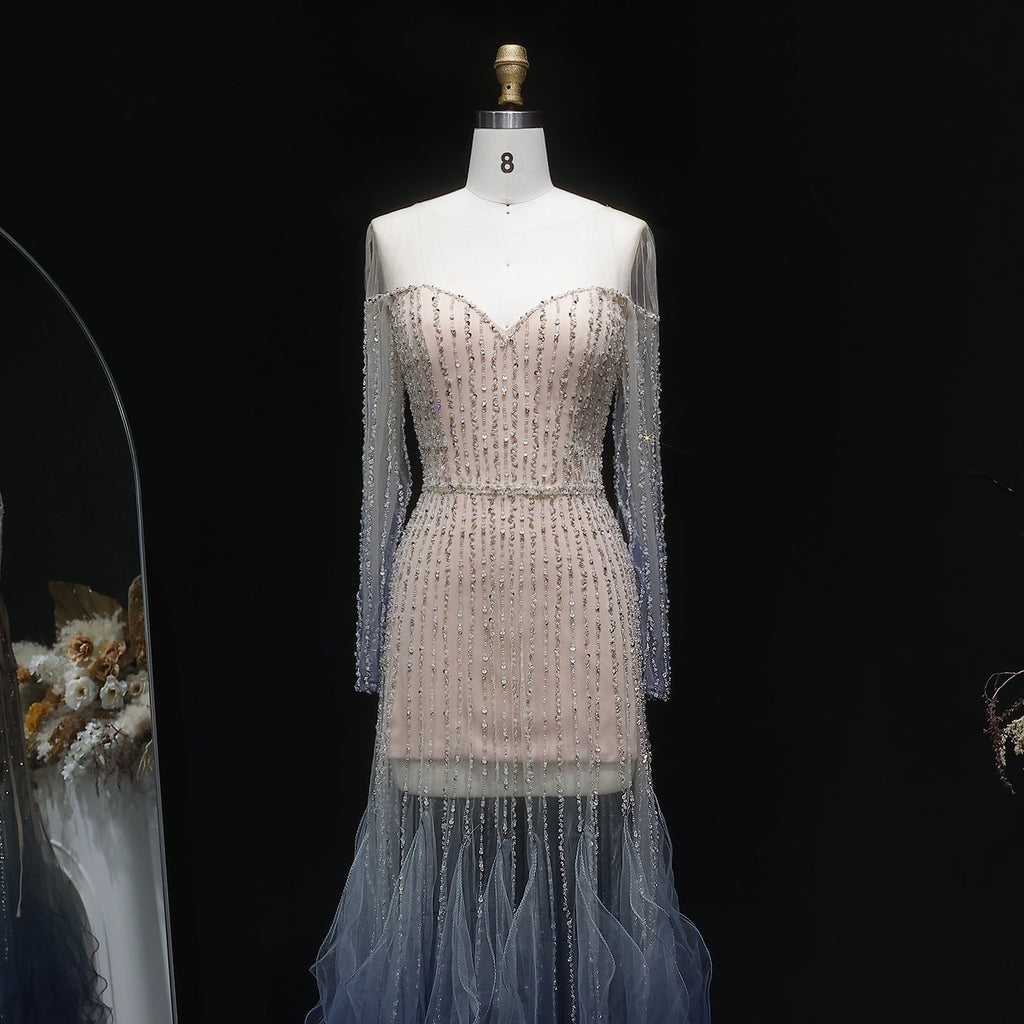 Luxury Beaded Gradient Long Sleeve A-Line Evening Dress SS328