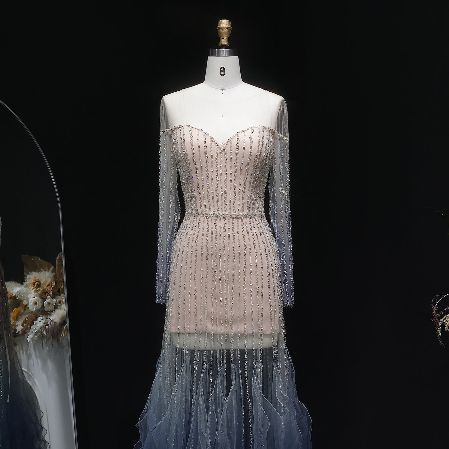 Luxury Beaded Gradient Long Sleeve A-Line Evening Dress SS328