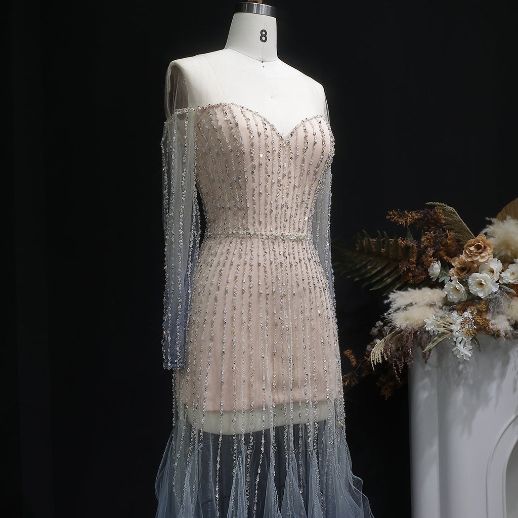 Luxury Beaded Gradient Long Sleeve A-Line Evening Dress SS328