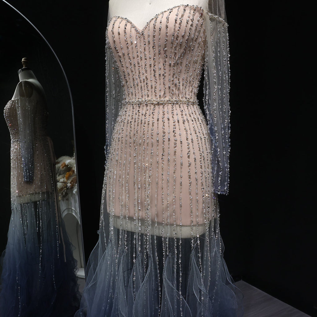Luxury Beaded Gradient Long Sleeve A-Line Evening Dress SS328