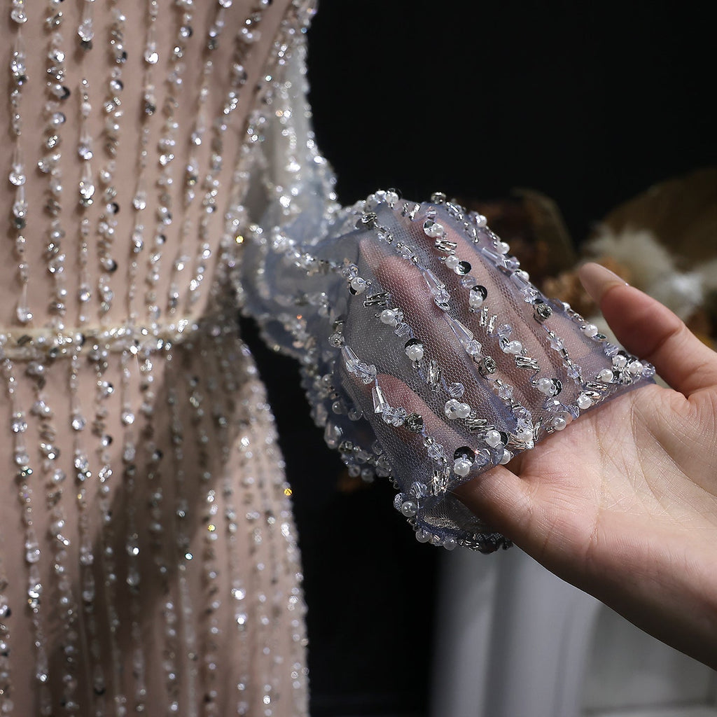 Luxury Beaded Gradient Long Sleeve A-Line Evening Dress SS328