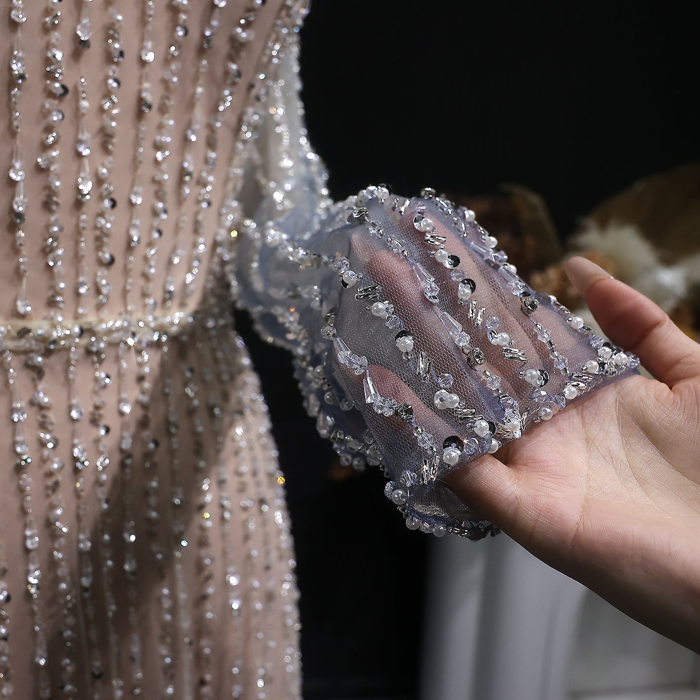 Luxury Beaded Gradient Long Sleeve A-Line Evening Dress SS328
