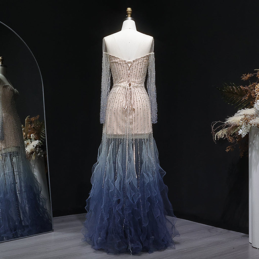 Luxury Beaded Gradient Long Sleeve A-Line Evening Dress SS328