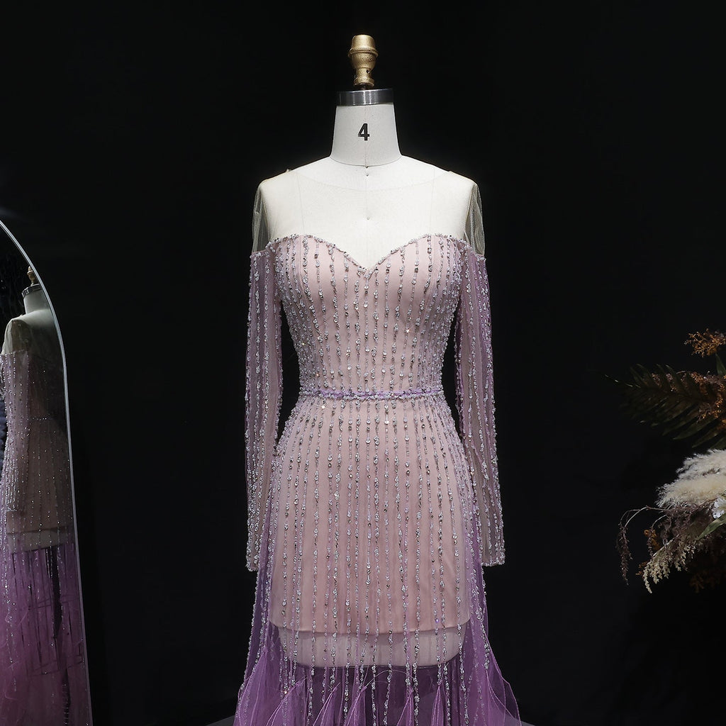 Luxury Beaded Gradient Long Sleeve A-Line Evening Dress SS328