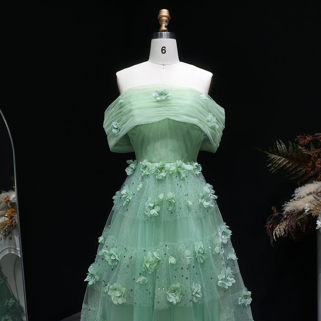 Luxury Sage Green 3D Flowers Sweetheart Evening Dress with Cape SS346