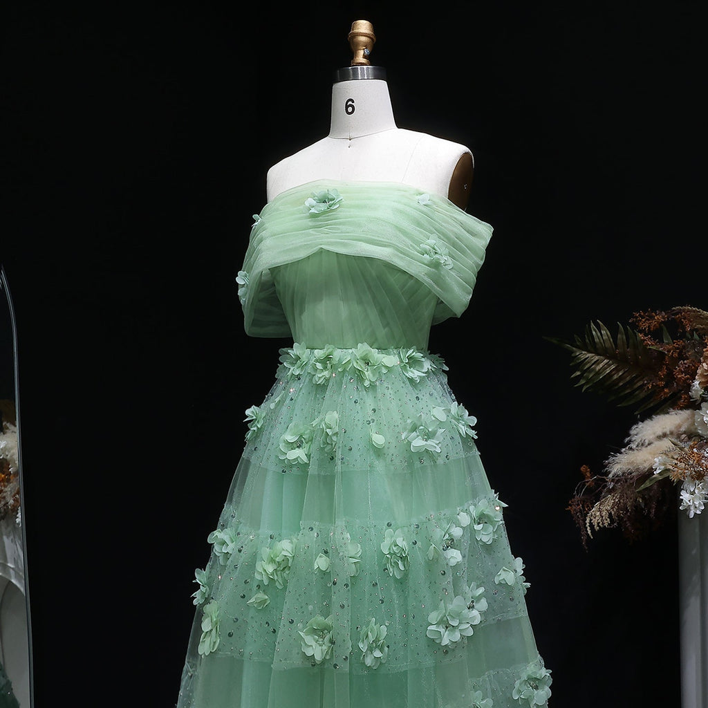 Luxury Sage Green 3D Flowers Sweetheart Evening Dress with Cape SS346