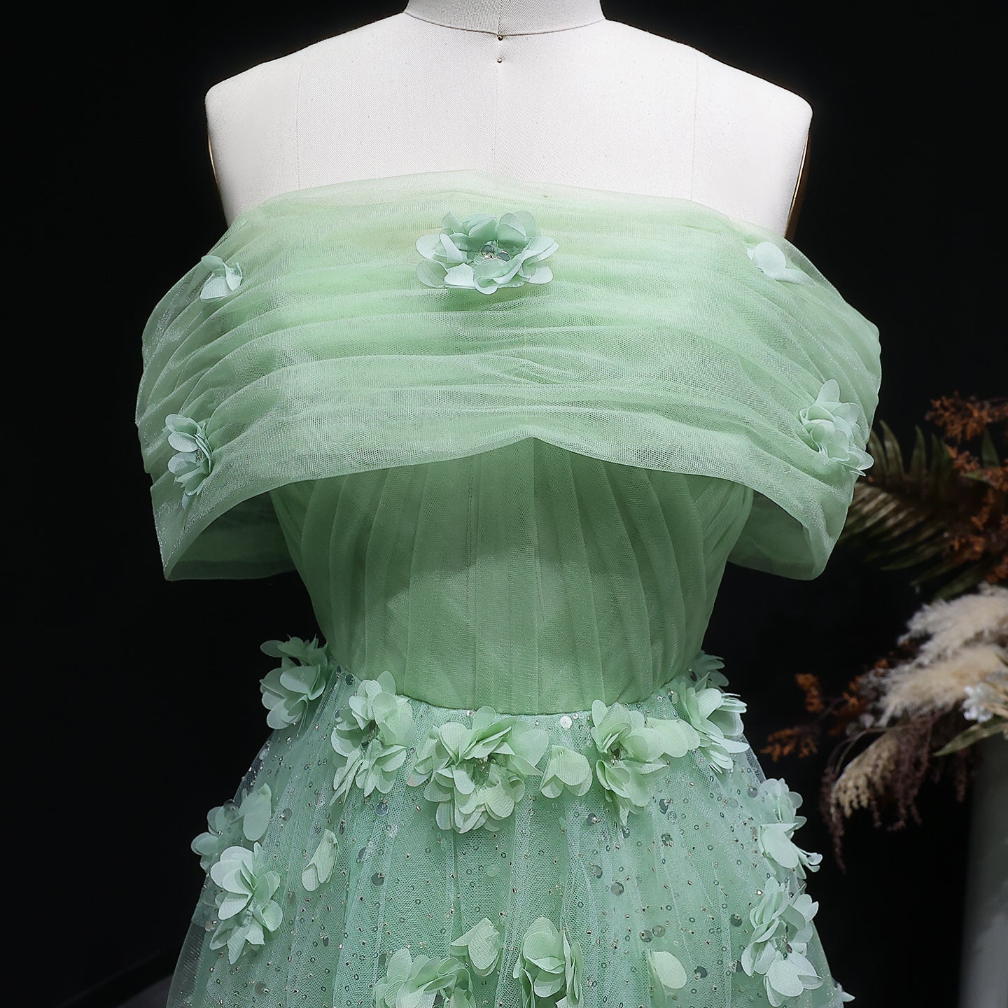 Luxury Sage Green 3D Flowers Sweetheart Evening Dress with Cape SS346