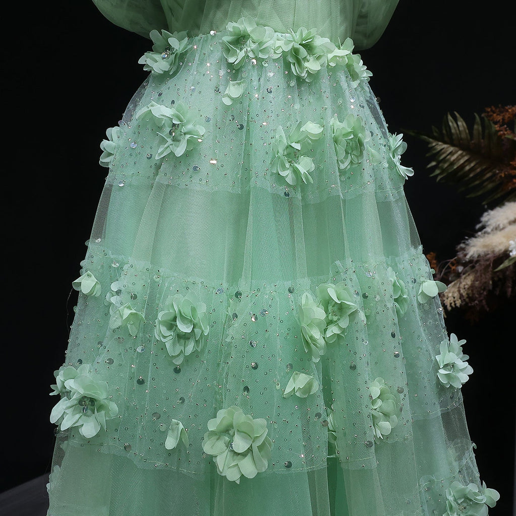 Luxury Sage Green 3D Flowers Sweetheart Evening Dress with Cape SS346