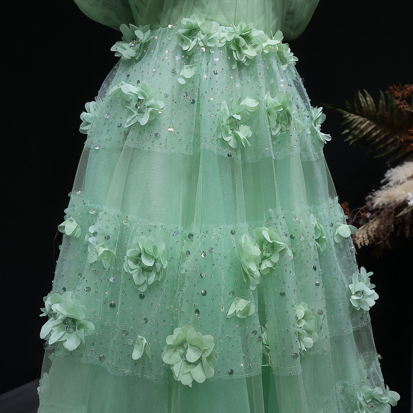 Luxury Sage Green 3D Flowers Sweetheart Evening Dress with Cape SS346