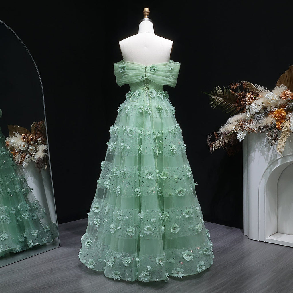 Luxury Sage Green 3D Flowers Sweetheart Evening Dress with Cape SS346