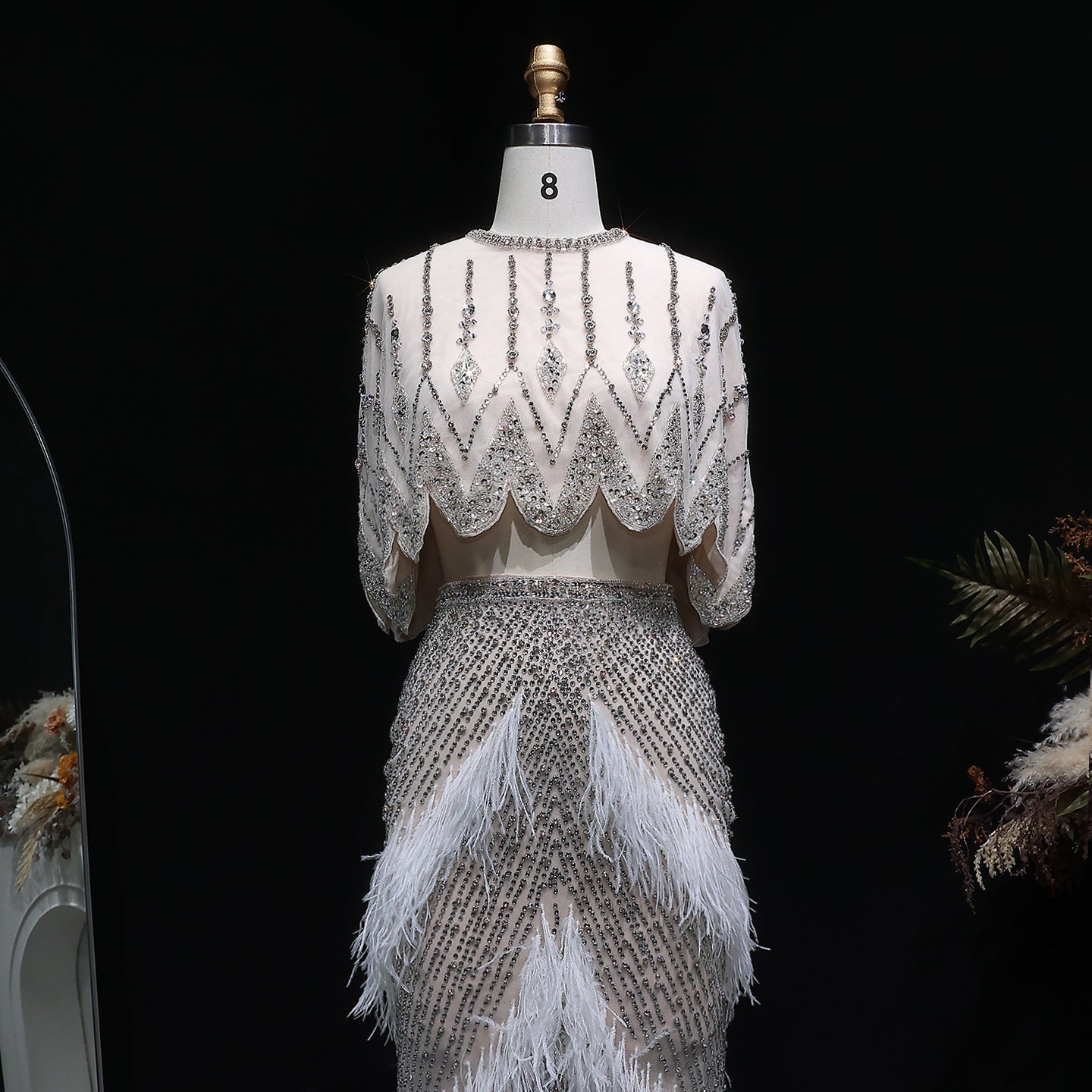 Luxury Beaded White Feathers 2 Pieces Evening Dress SS363