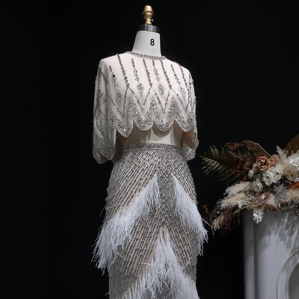 Luxury Beaded White Feathers 2 Pieces Evening Dress SS363