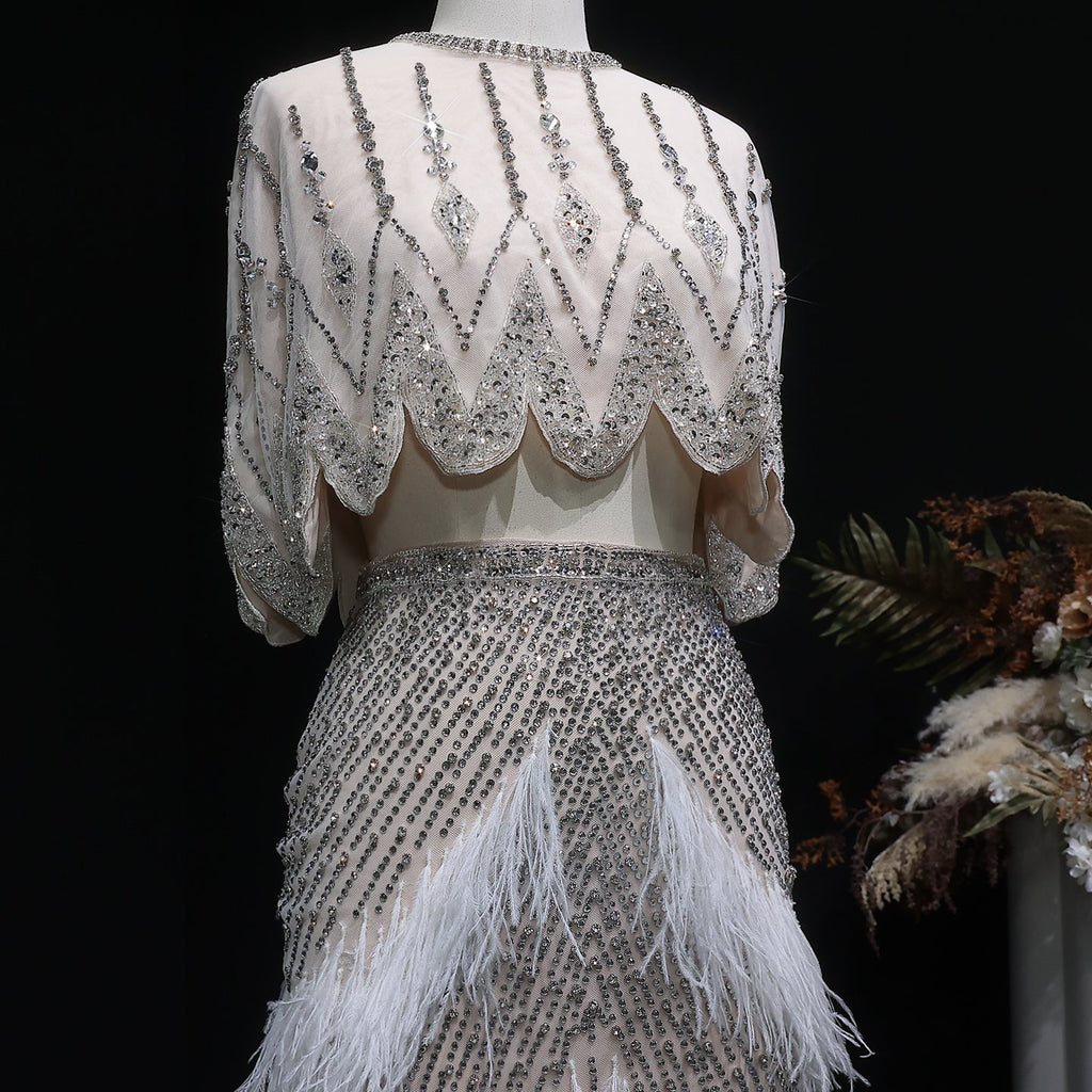 Luxury Beaded White Feathers 2 Pieces Evening Dress SS363
