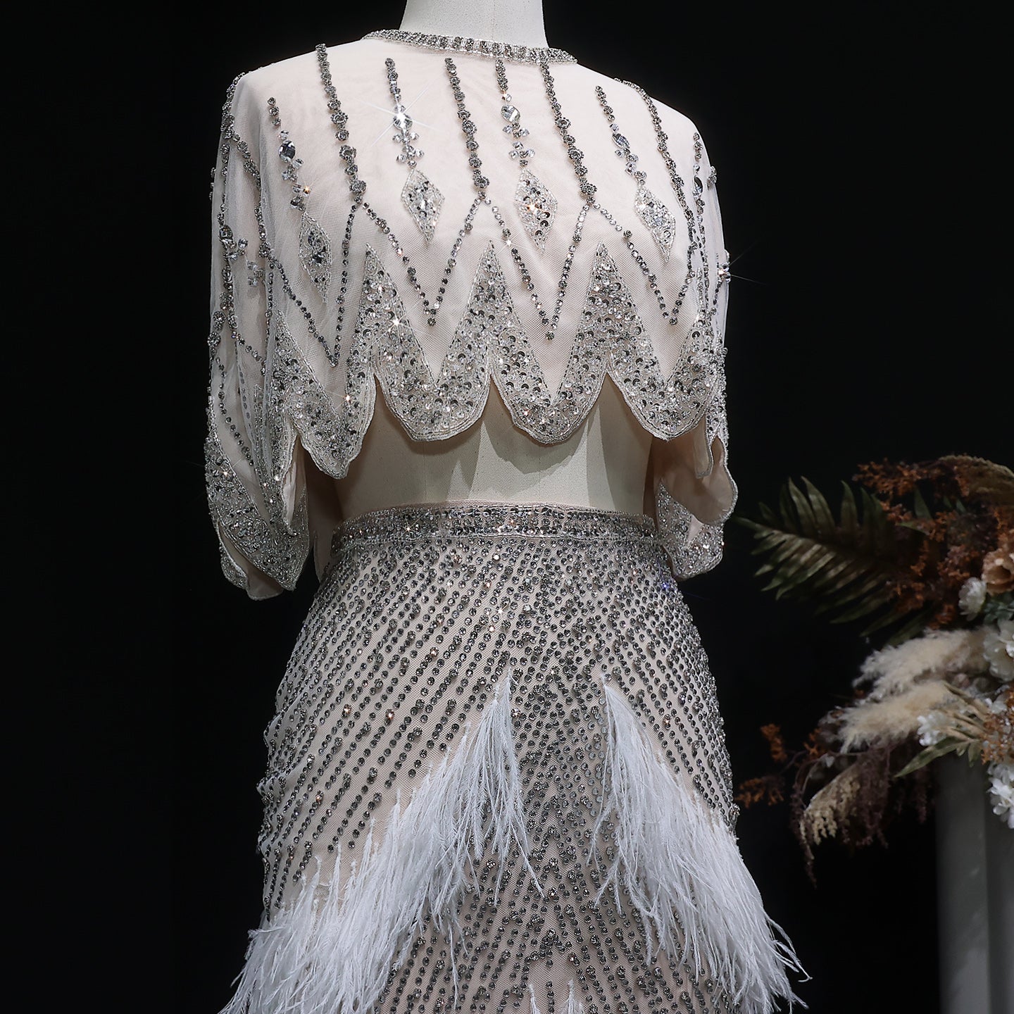 Luxury Beaded White Feathers 2 Pieces Evening Dress SS363
