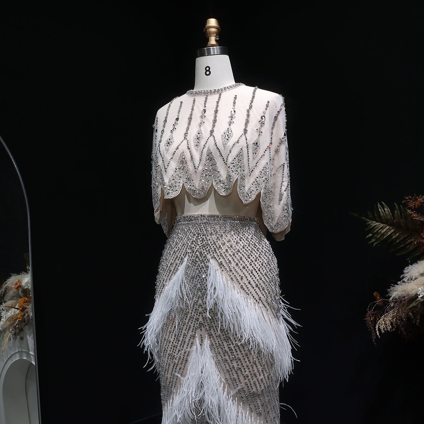 Luxury Beaded White Feathers 2 Pieces Evening Dress SS363