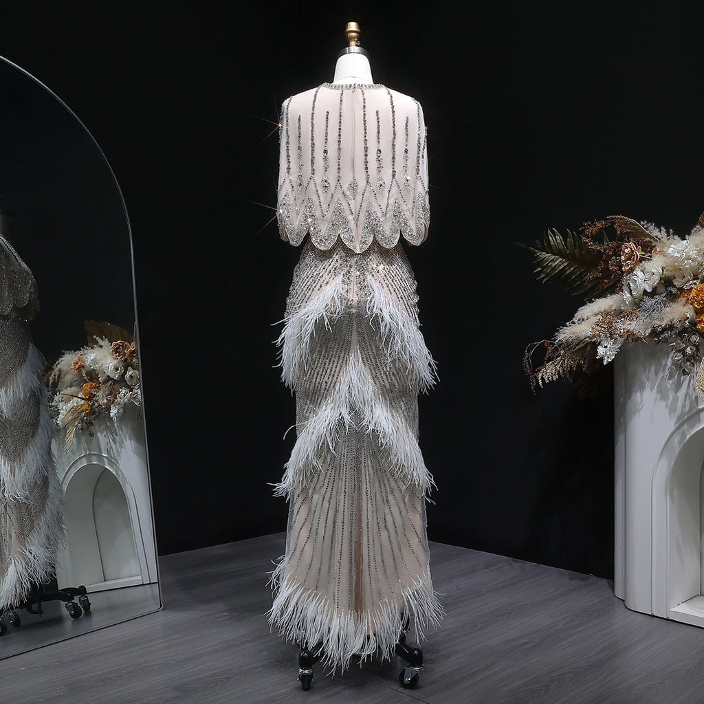 Luxury Beaded White Feathers 2 Pieces Evening Dress SS363