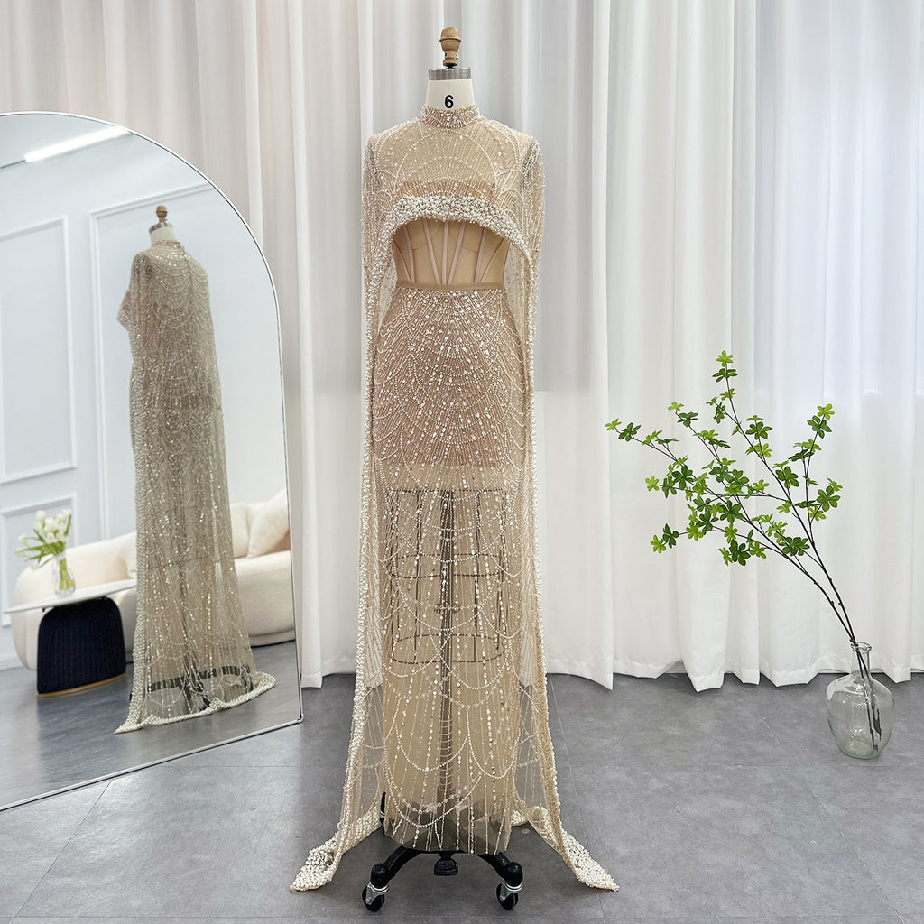 Luxury Pearls Mermaid Evening Dress with Cape SS369_