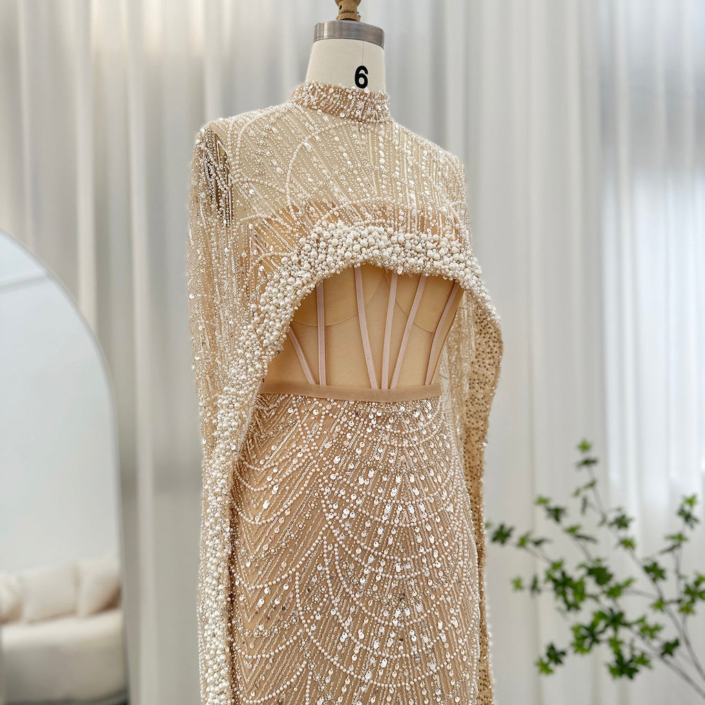 Luxury Pearls Mermaid Evening Dress with Cape SS369_