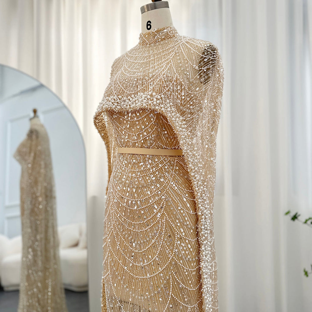 Luxury Pearls Mermaid Evening Dress with Cape SS369_