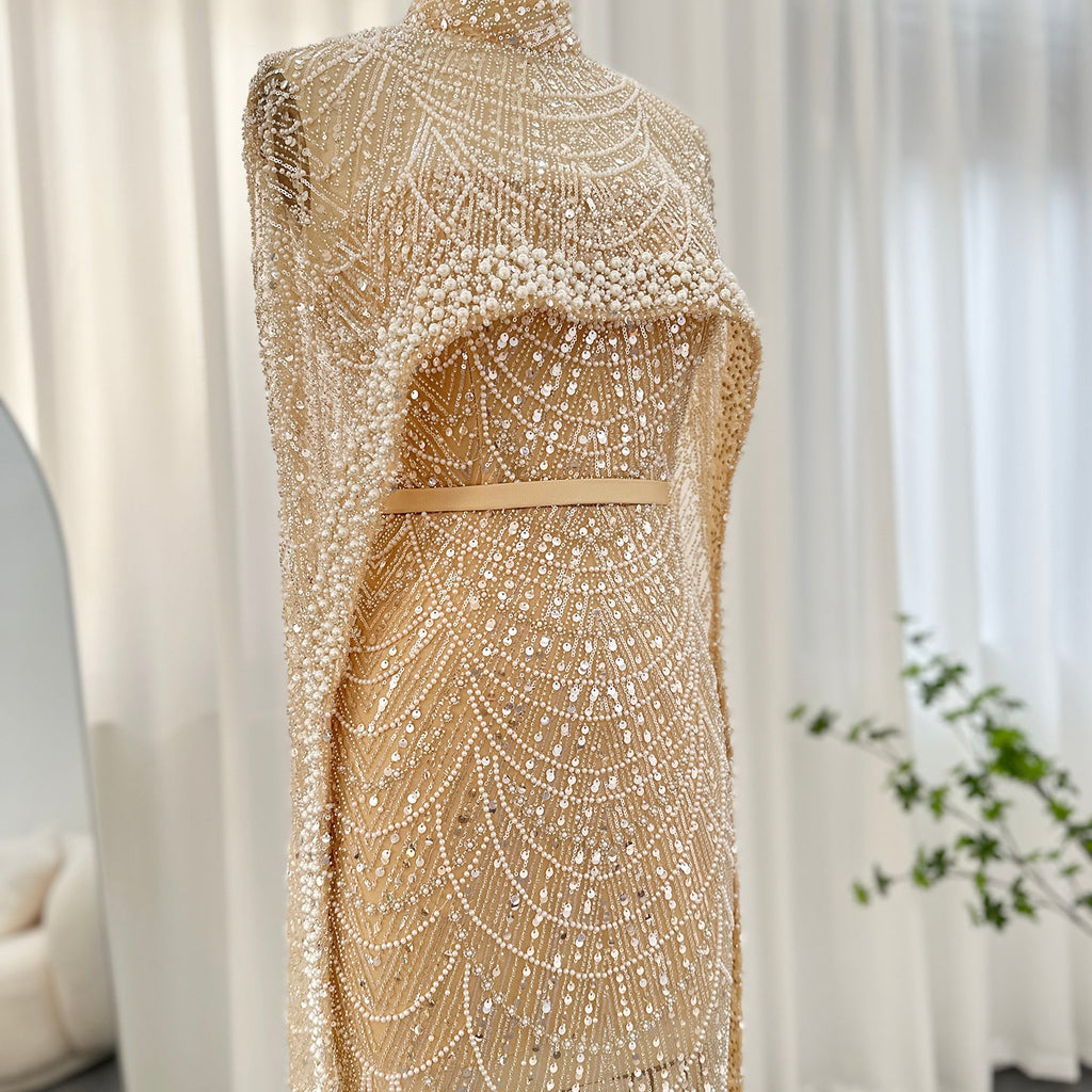Luxury Pearls Mermaid Evening Dress with Cape SS369_