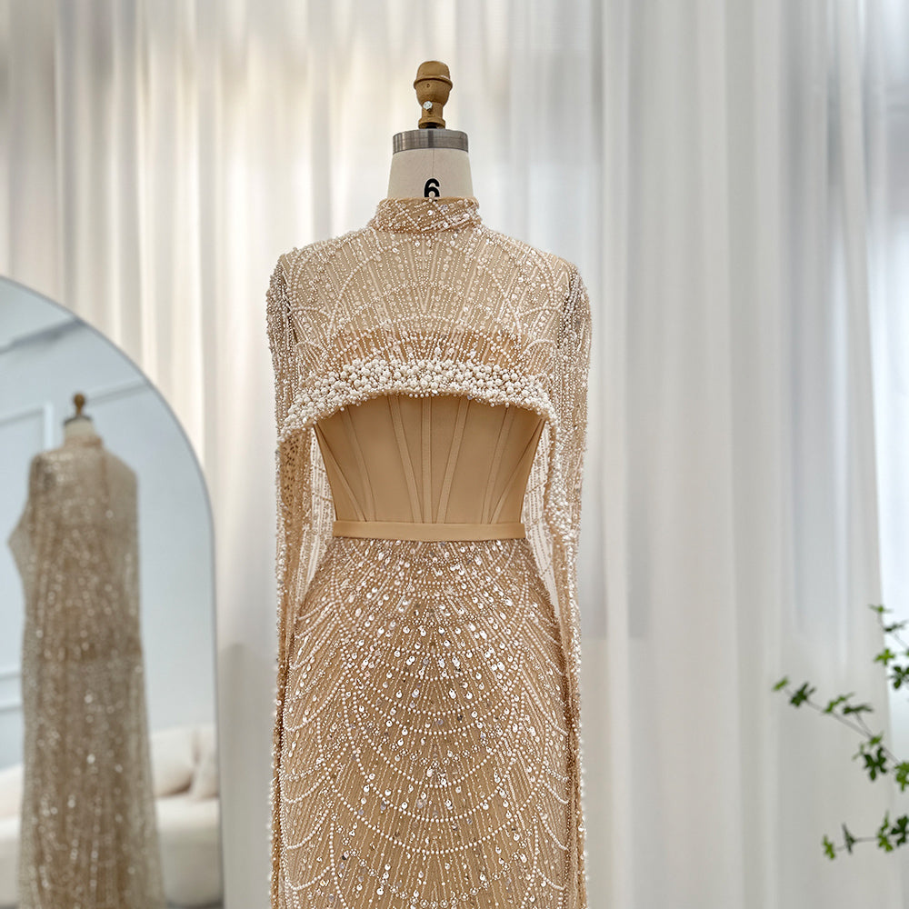 Luxury Pearls Mermaid Evening Dress with Cape SS369_