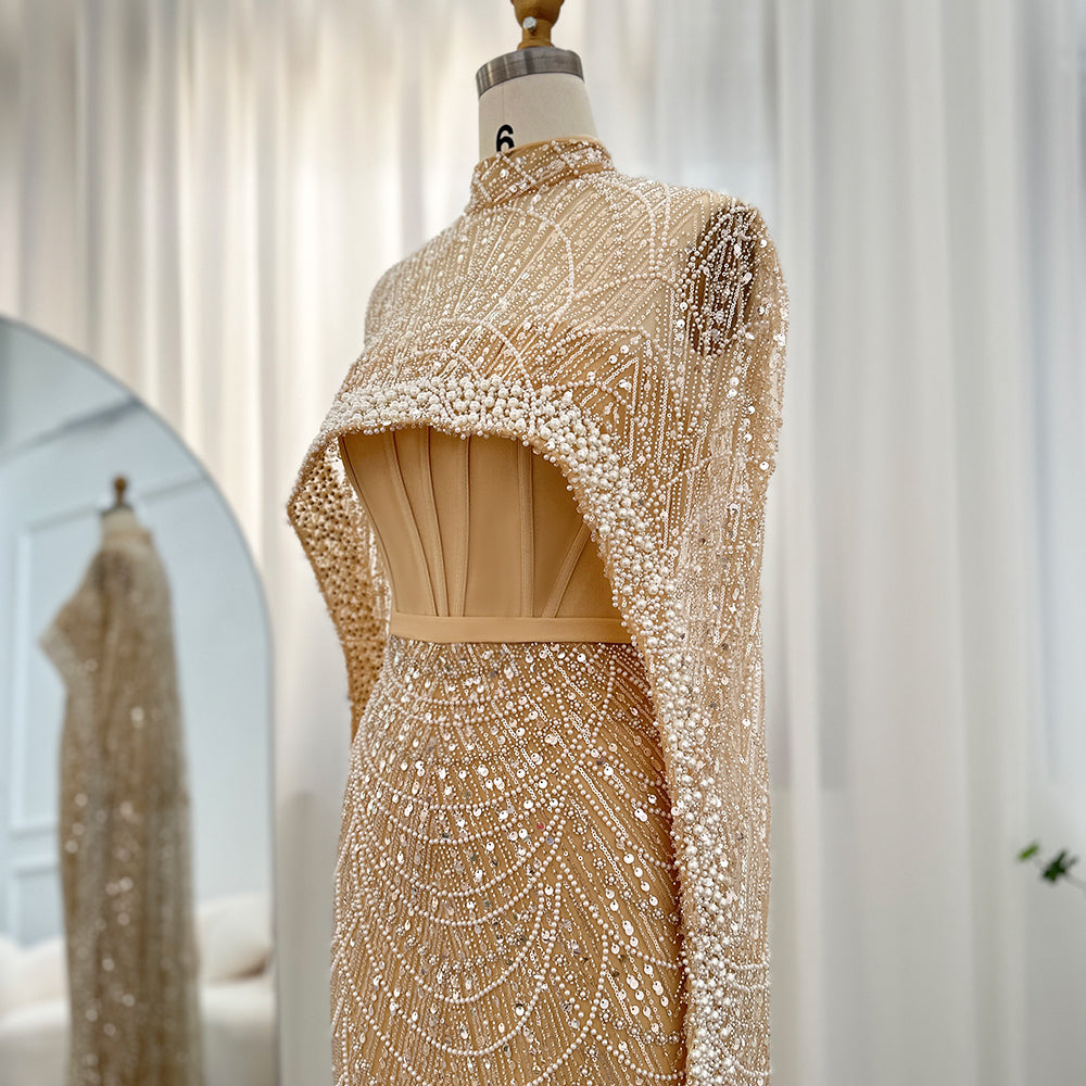 Luxury Pearls Mermaid Evening Dress with Cape SS369_
