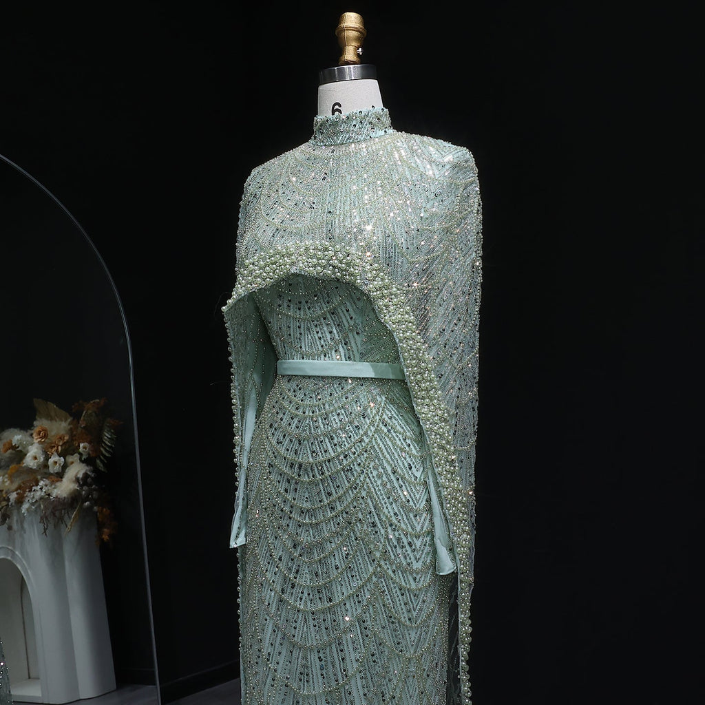 Luxury Long Sleeves Nude Evening Dress with Cape SS369A