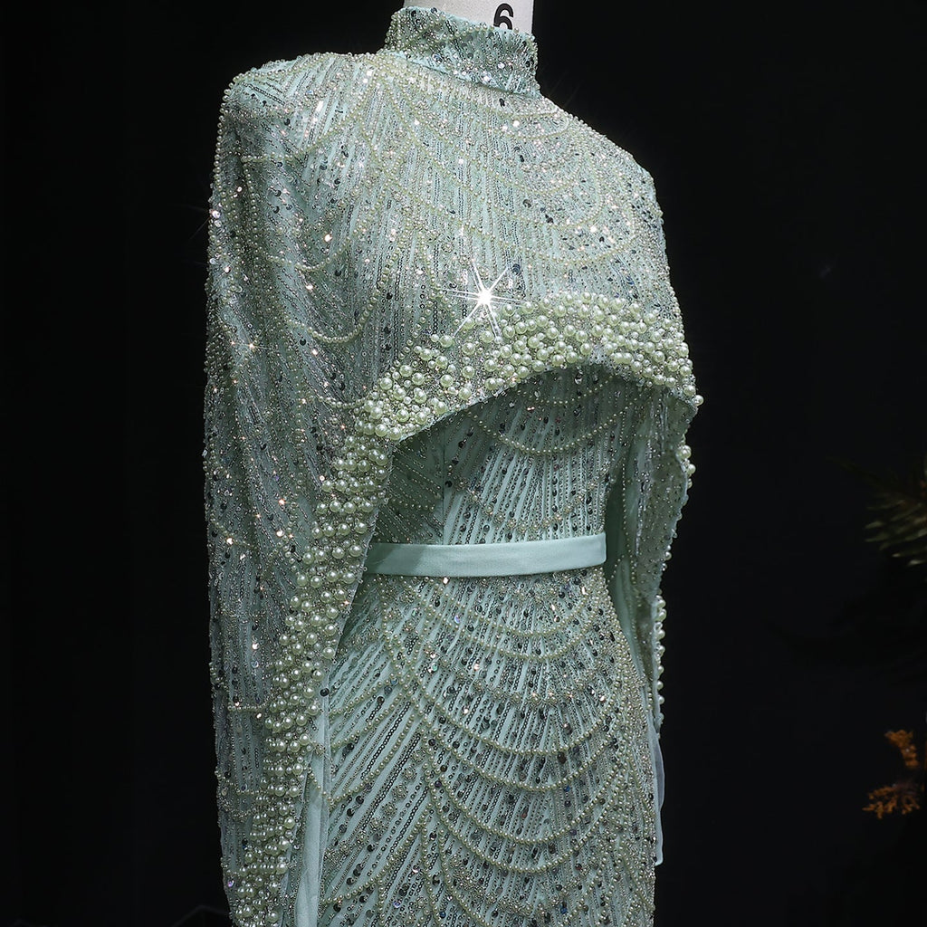 Luxury Long Sleeves Nude Evening Dress with Cape SS369A