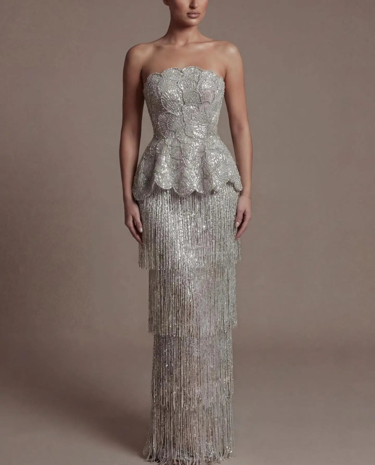 Gray Strapless Mermaid Luxury Beaded Sequins Tassels Skirt Evening Dress SS370