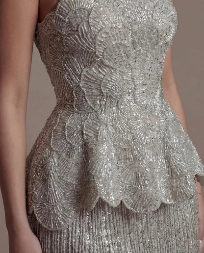 Gray Strapless Mermaid Luxury Beaded Sequins Tassels Skirt Evening Dress SS370